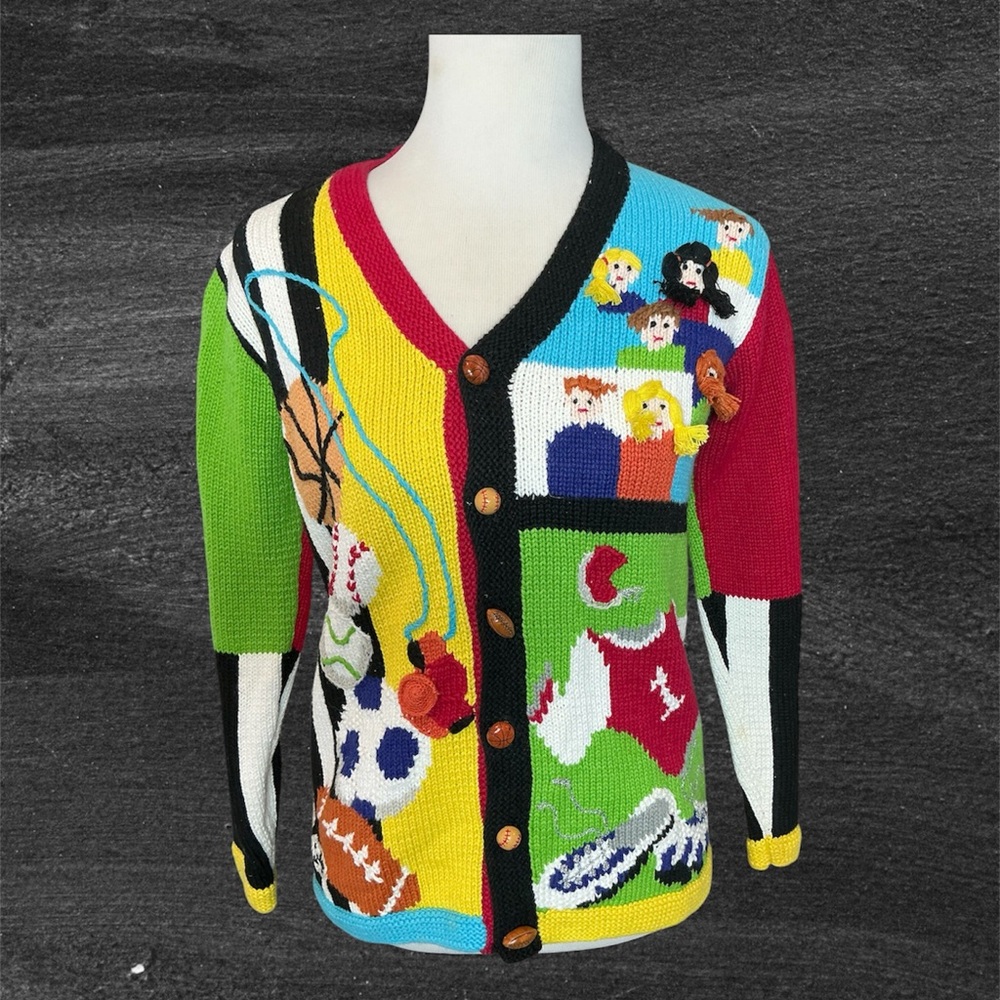 VTG Storybook Knits Sports Cardigan Sweater XS Handknit Novelty Ramie Cotton